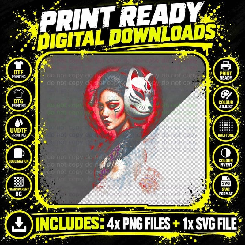 Kitsune Fox Mask T-Shirt, Dramatic Kitsune Print Png SVG Digital Bundle