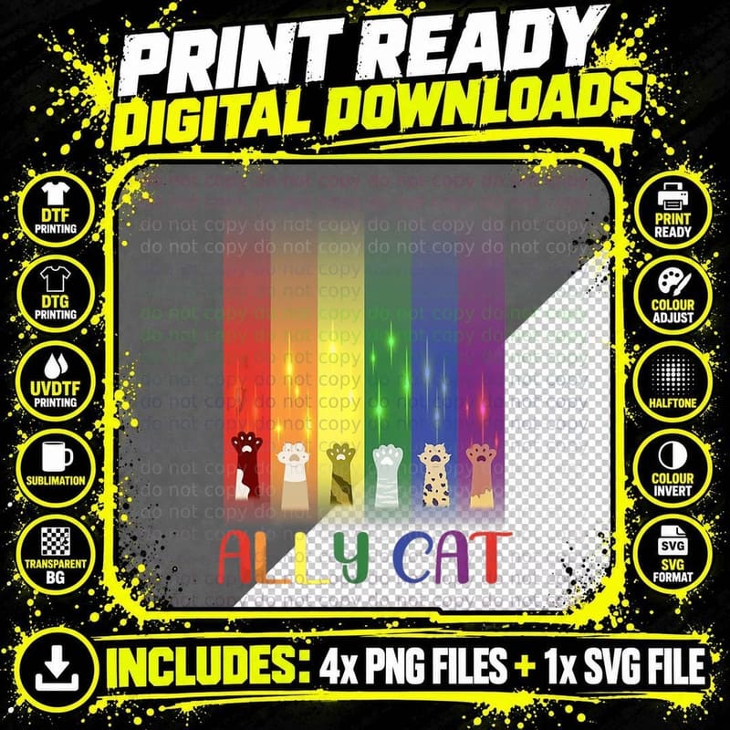 LGBT Ally Cat Be Kind Gay Rainbow Funny LGBTQ Flag Gay Png SVG Digital Bundle