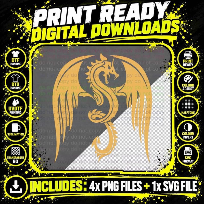 Legendary Animals Dragon Vintage Yellow T-Shirt Png SVG Digital Bundle