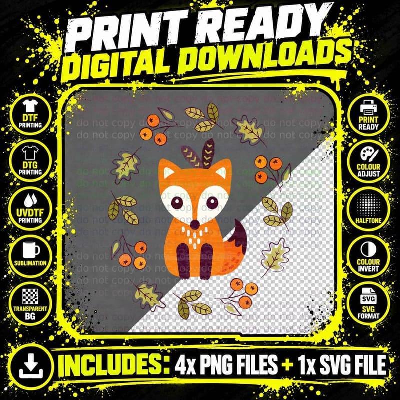 Little Fox with Autumn Berries T-Shirt Png SVG Digital Bundle