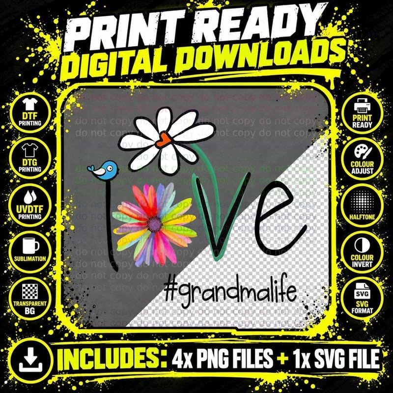Love Grandma Life Daisy Flower Bird, Floral Hashtag Png SVG Digital Bundle