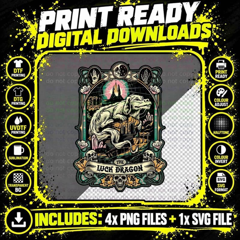 Luck Dragon T-Shirt, Gothic Fantasy Tee Png SVG Digital Bundle