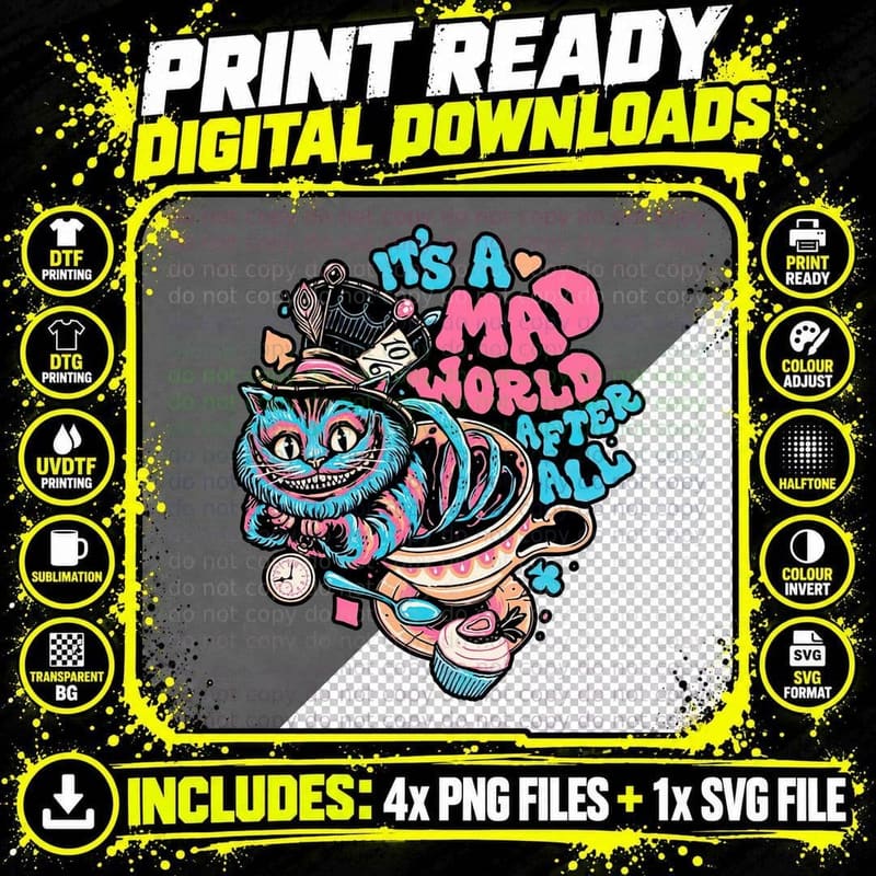 Mad World Cat T-Shirt, Vintage Alice in Wonderland Tee Png SVG Digital Bundle