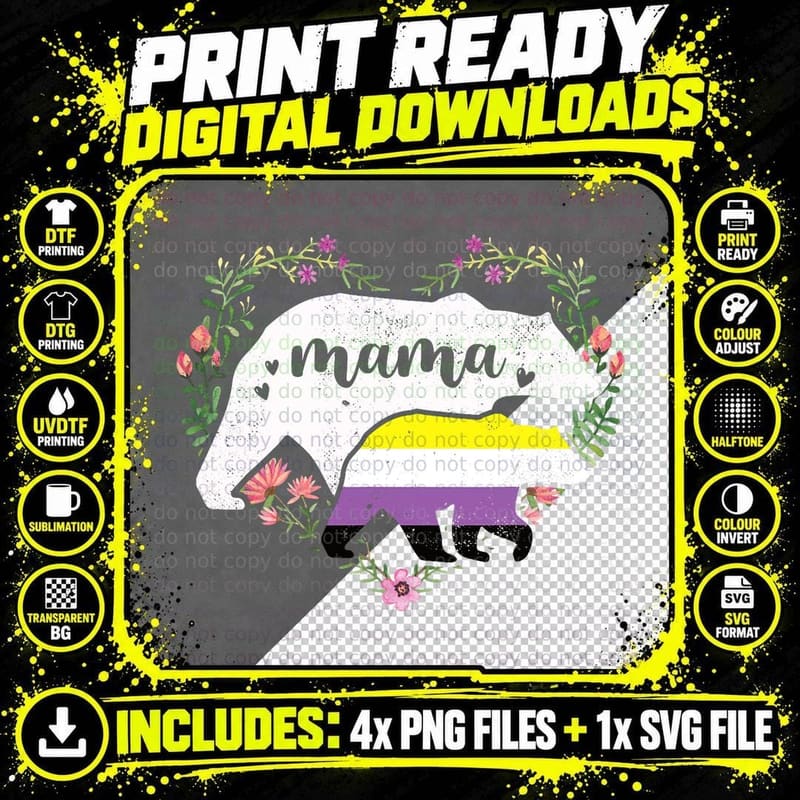 Mama Bear Floral Heart Wreath, Non-Binary Pride Flag Png SVG Digital Bundle