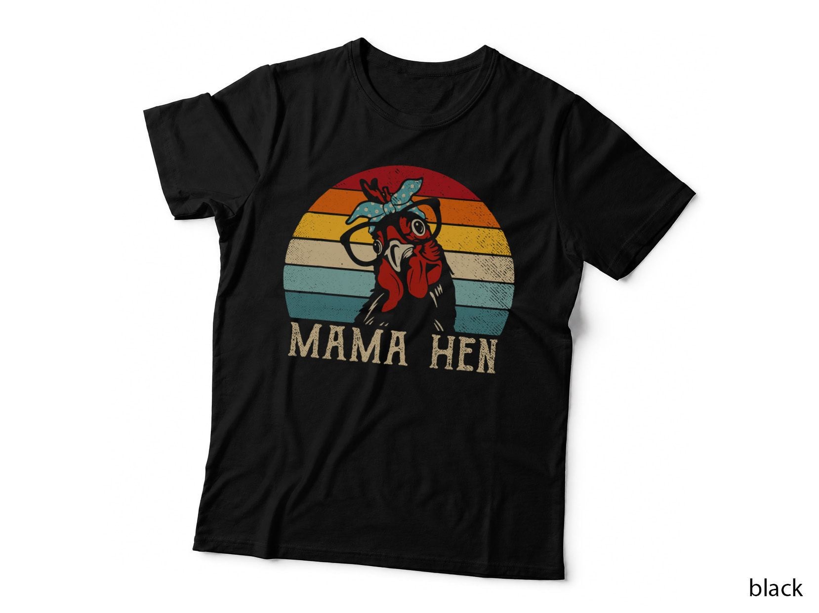 Mama Hen Tee, Vintage Sunset Chicken with Bandana and Glasses, Retro Mom Art