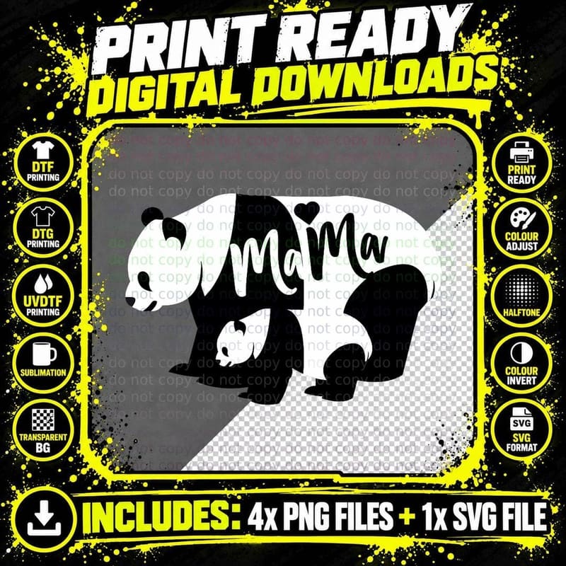 Mama Panda and Cub Tee, Black White Bear Heart Png SVG Digital Bundle