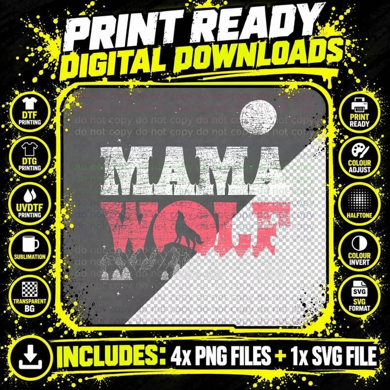 Mama Wolf Howling Moon Mountains, Pink Distressed Png SVG Digital Bundle