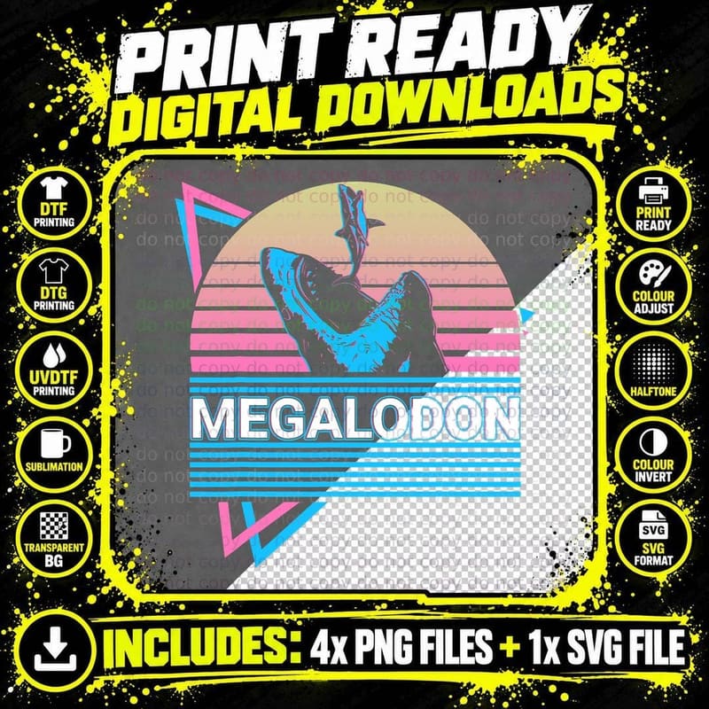 Megalodon Shark T-Shirt, Retro 80s Aesthetic Png SVG Digital Bundle