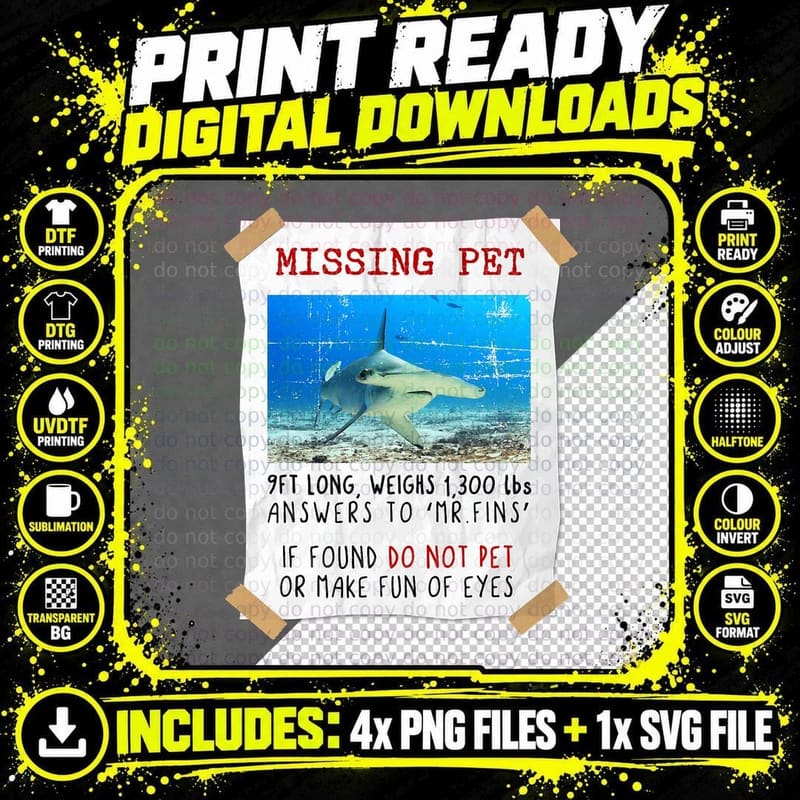 Missing Pet Hammerhead Shark T-Shirt Png SVG Digital Bundle