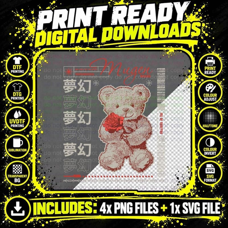 Mugen Retro Teddy Bear Rose T-Shirt Png SVG Digital Bundle