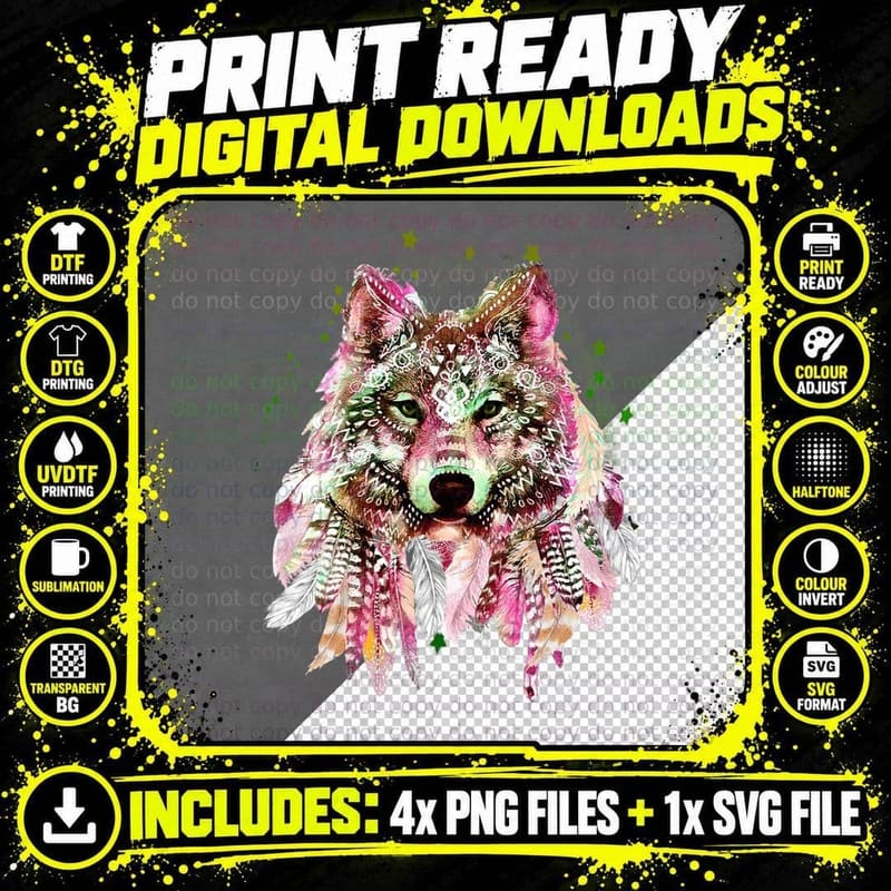 Native American Wolf Head Tribal Bohemian Tattoo Art Png SVG Digital Bundle
