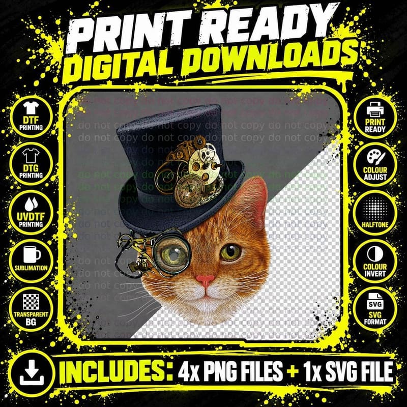 Orange Cat with Steampunk Hat and Monocle T-Shirt Png SVG Digital Bundle