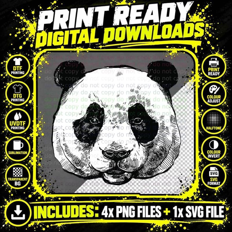 Panda Face Drawing Black & White Sketch Panda Art T-Shirt Png SVG Digital Bundle