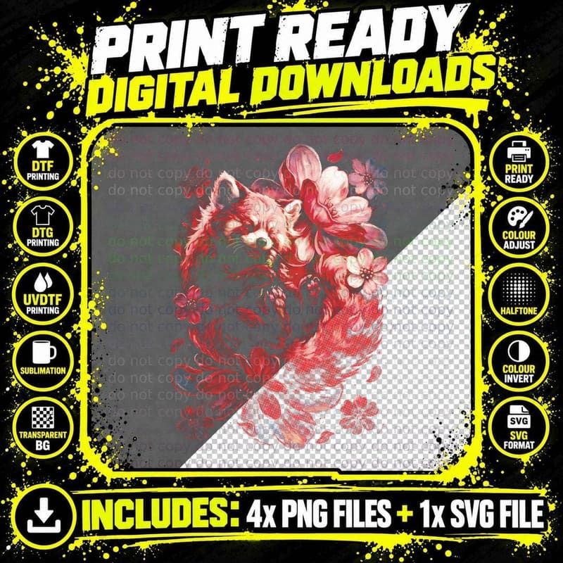 Panda T-Shirt, Red Floral Print, Animal Lover Gift Png SVG Digital Bundle