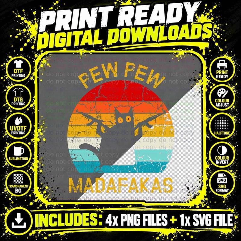Pew Madafakas Pew Guns Funny Black Cat Retro Vintage Png SVG Digital Bundle