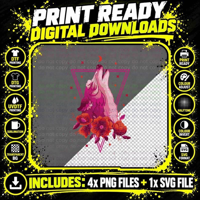 Pink Wolf Howling Vaporwave Floral Roses Stars Crescent Png SVG Digital Bundle