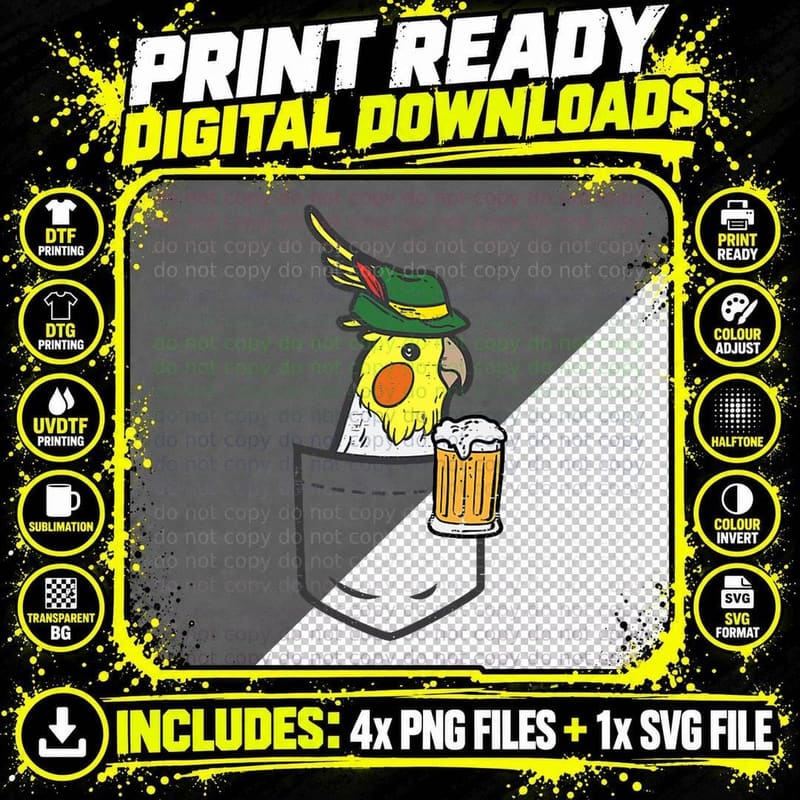 Pocket Cockatiel Oktoberfest German Festival Bird Men Png SVG Digital Bundle