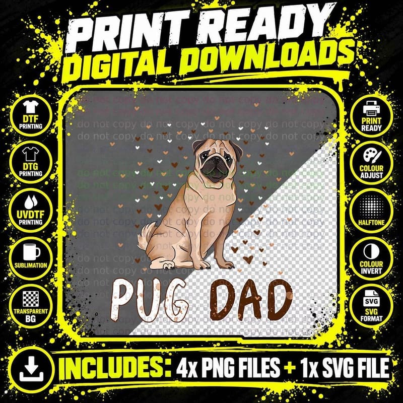 Pug Dad Sitting Fawn Pug Hearts, Dog Lover Owner Png SVG Digital Bundle