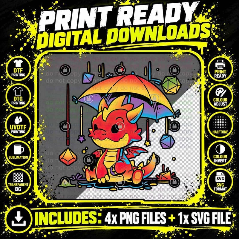 Rainy Dice Day, Cute Dragon Tee, Gift for Dragon Lovers Png SVG Digital Bundle