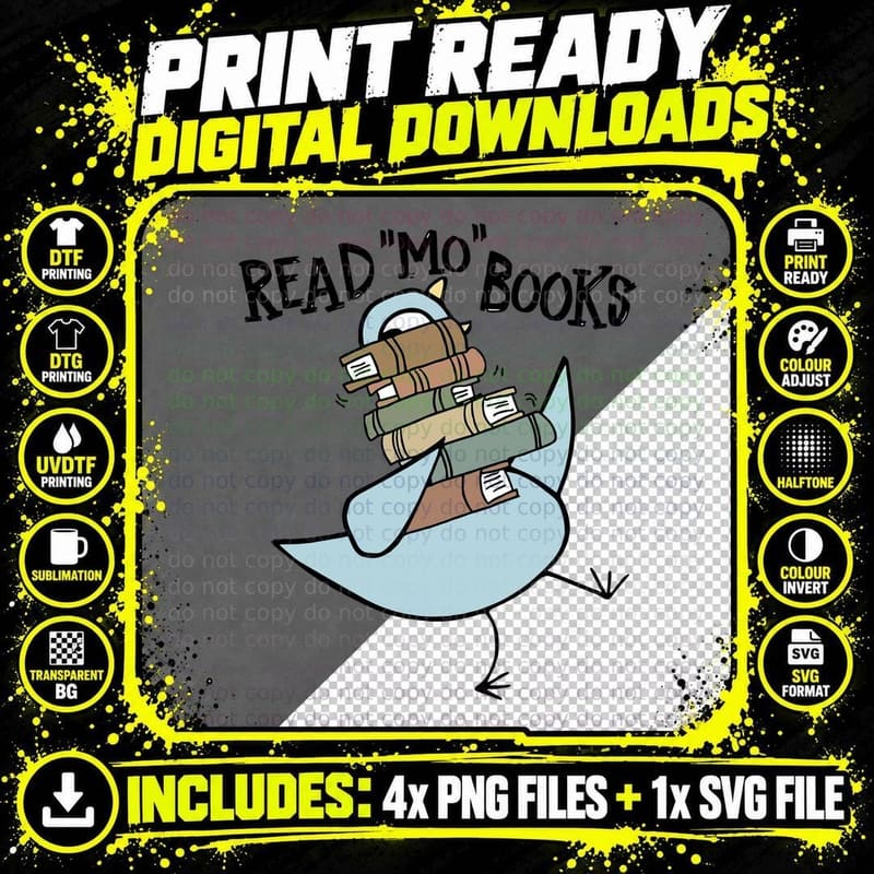 Read Mo Books Blue Bird Carrying Stack of Books Png SVG Digital Bundle