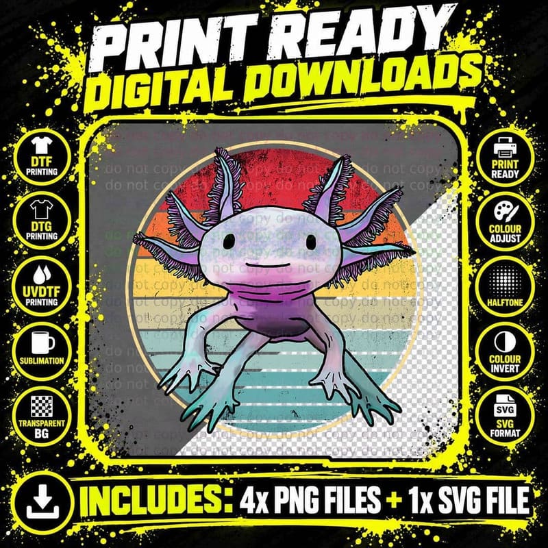 Retro 80s 90s Axolotl T-Shirt, Cute Axolotl Design Png SVG Digital Bundle