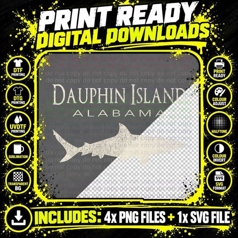 Retro Dauphin Island AL Shark T-Shirt, Vintage Coastal Png SVG Digital Bundle