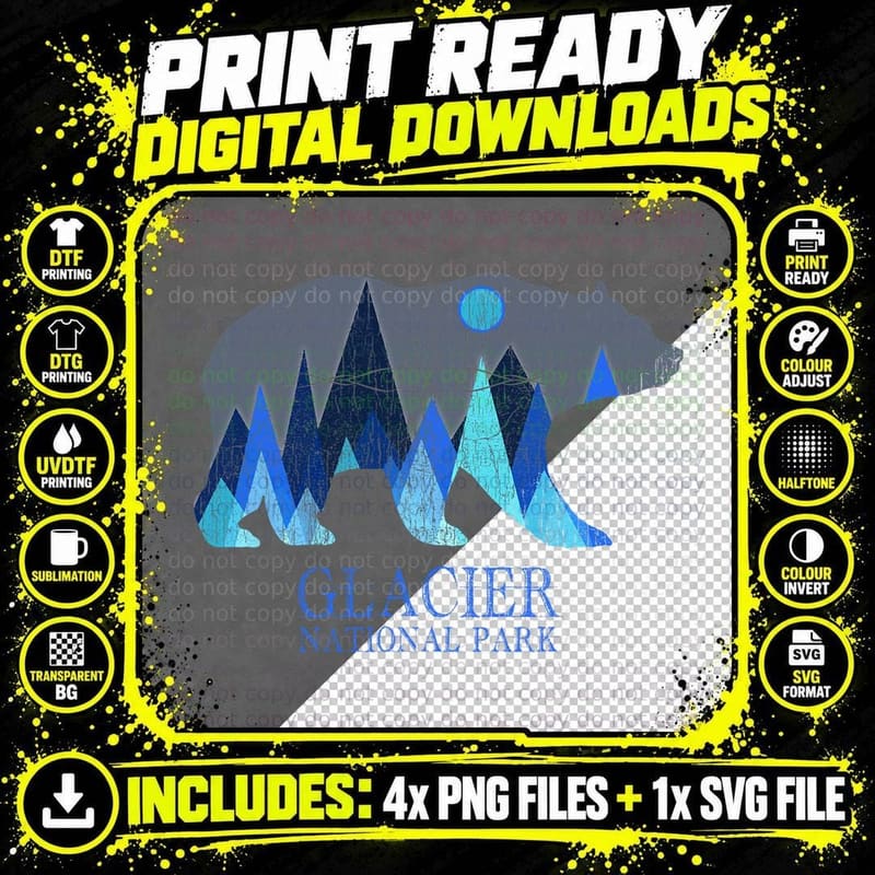 Retro Glacier Grizzly Bear Glacier National Park T-Shirt Png SVG Digital Bundle