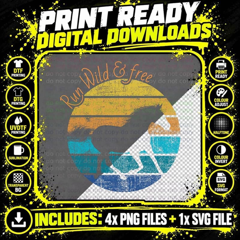 Retro Horse Sunset T-Shirt, Wild & Free Horse Graphic Png SVG Digital Bundle