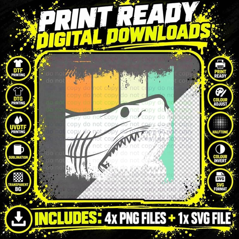 Retro Shark T-Shirt, Vintage 80s Style Png SVG Digital Bundle
