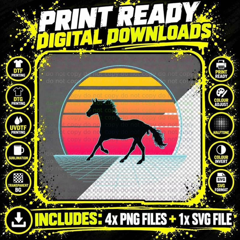 Retro Vaporwave Horse - Horseman Horseback Rider Png SVG Digital Bundle