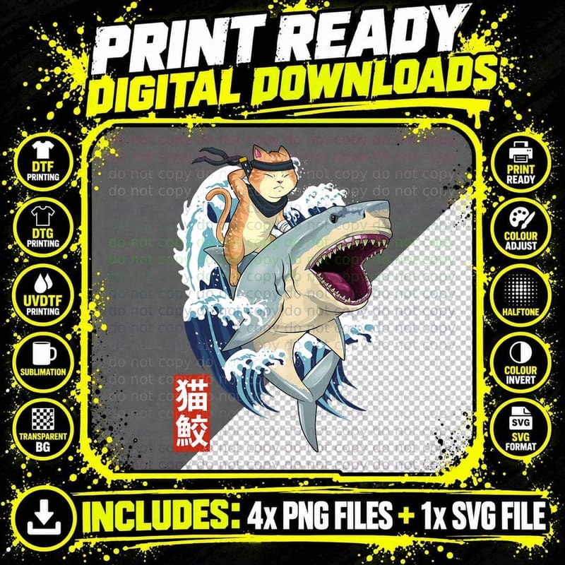 Samurai Cat Riding Shark T-Shirt, Retro Japanese Art Png SVG Digital Bundle