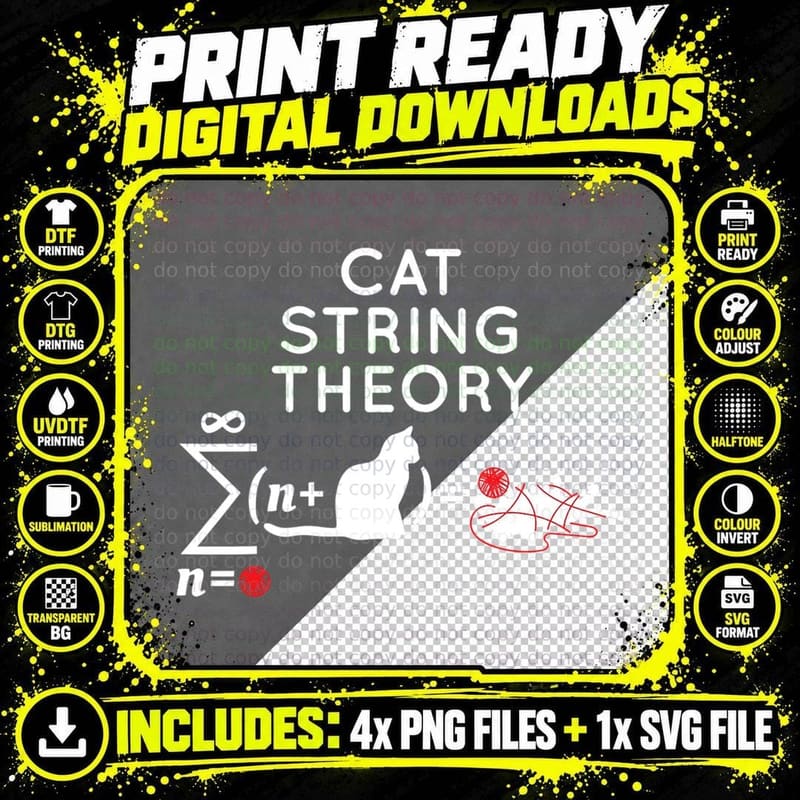 Science Cat String Theory Sarcastic Humor Funny T-Shirt Png SVG Digital Bundle