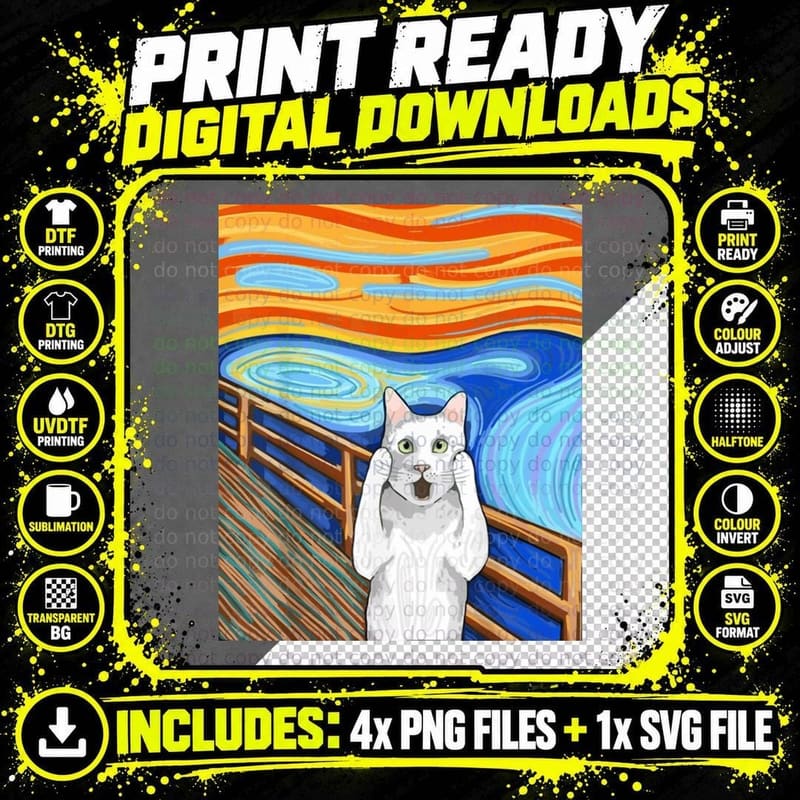 Screaming Cat Starry Night T-Shirt, Munch Scream Parody Png SVG Digital Bundle
