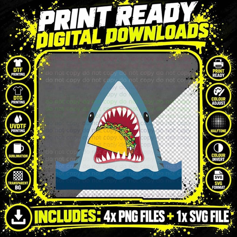 Shark Eating Taco T-Shirt, Food Humor Design Png SVG Digital Bundle