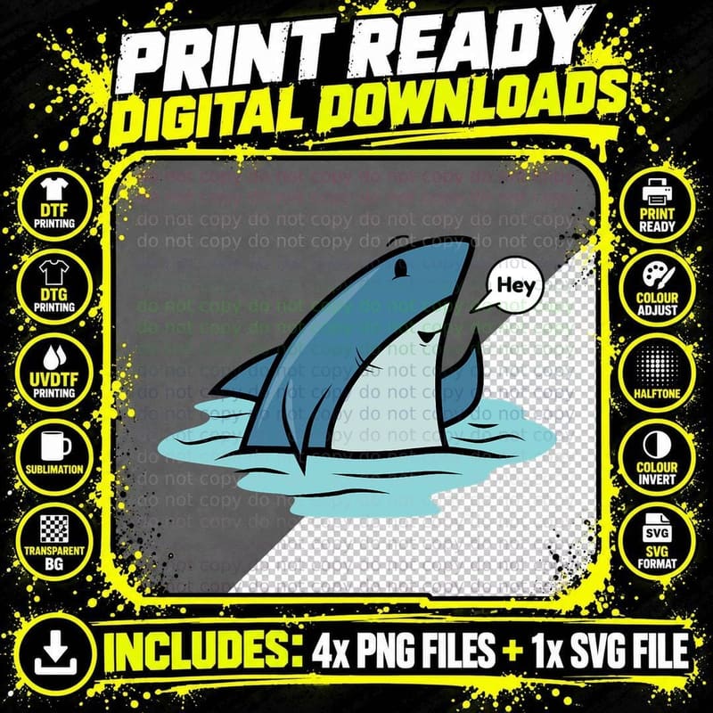 Shark Saying Hey Cartoon T-Shirt, Animal Humor Png SVG Digital Bundle