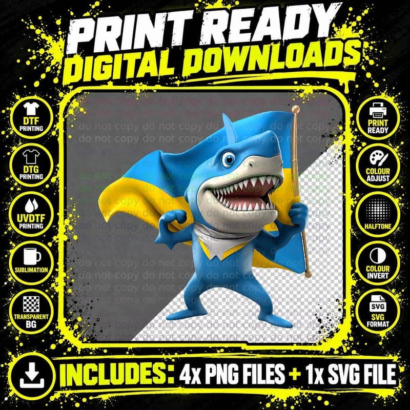 Shark with Ukrainian Flag T-Shirt, Patriotic Png SVG Digital Bundle