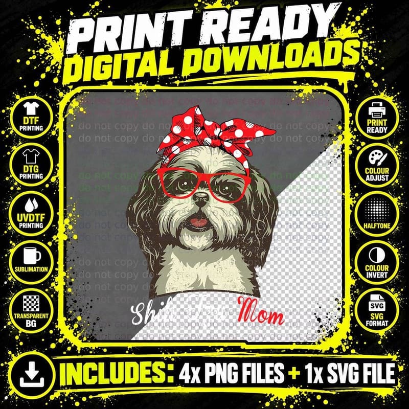 Shih Tzu Mom Tee, Dog with Red Polka Dot Bandana and Png SVG Digital Bundle