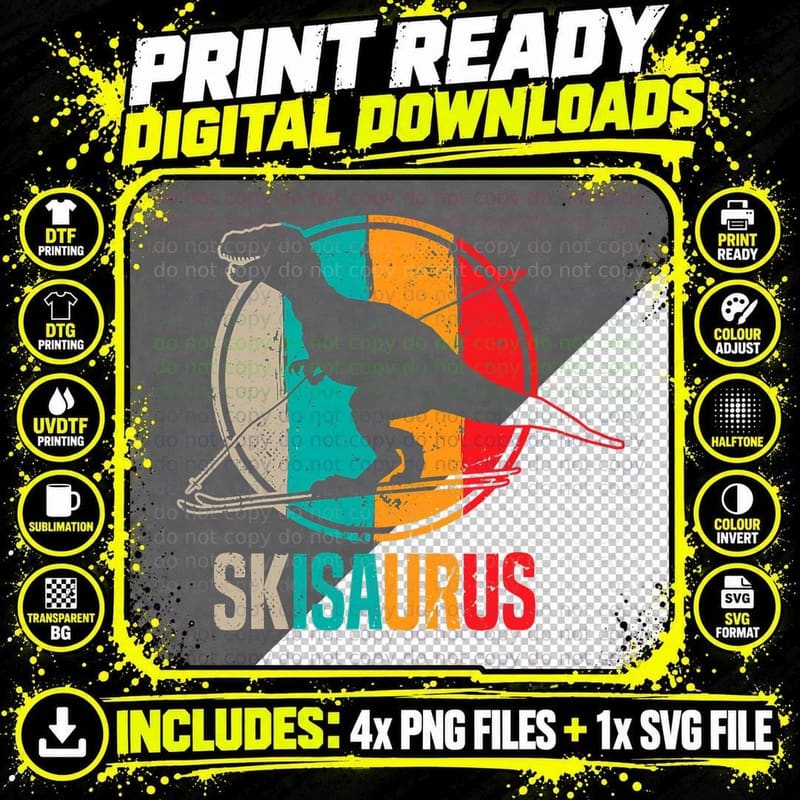 Skiing Dino Skisaurus - Skier Dino Ski Skiing Dinosaur Png SVG Digital Bundle