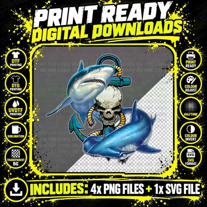 Skull Shark Anchor Gothic Sea Life, Dark Nautical Png SVG Digital Bundle