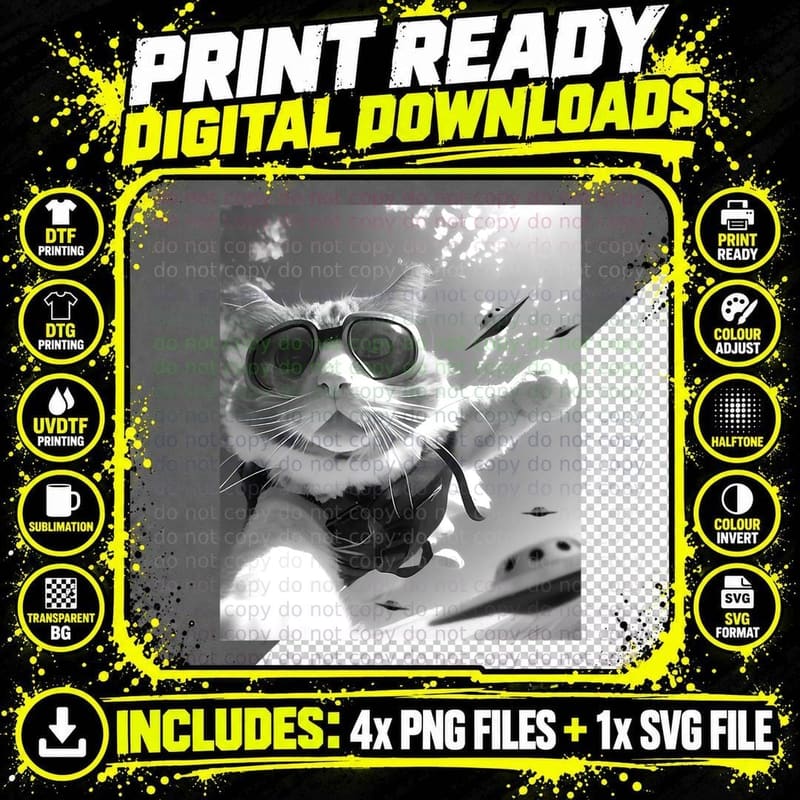 Skydiving Cat Selfie Tee, UFO Sighting Goggles Art Png SVG Digital Bundle