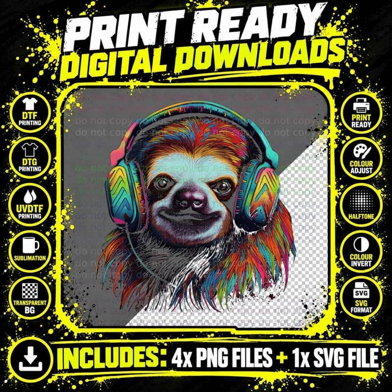 Sloth Artwork Music Colourful Animal Headphones Sloth Png SVG Digital Bundle