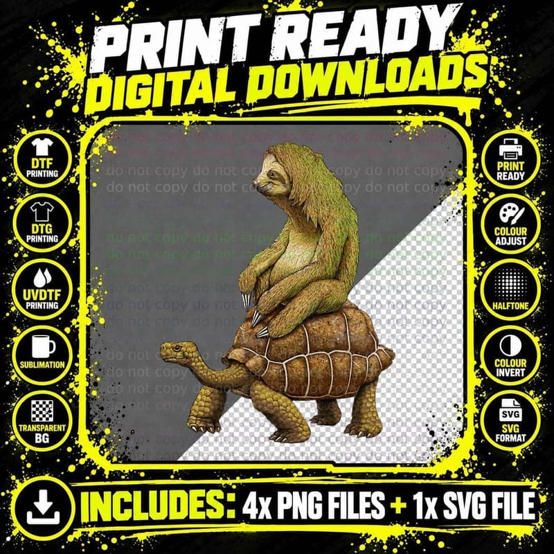 Sloth Riding Tortoise - Sloth Riding Turtle T-Shirt Png SVG Digital Bundle