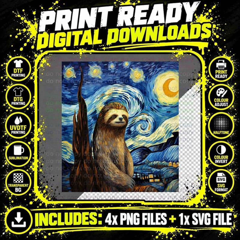 Sloth Starry Night - Sloth Van Gogh - Sloth Art Png SVG Digital Bundle