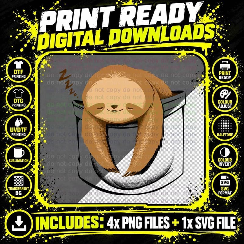 Sloth in a Pocket T-Shirt Png SVG Digital Bundle