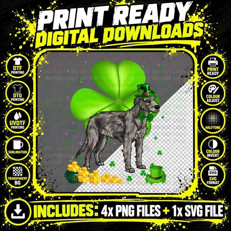 St Patrick's Day Irish Wolfhound Shamrock Pet Dog Lover Png SVG Digital Bundle