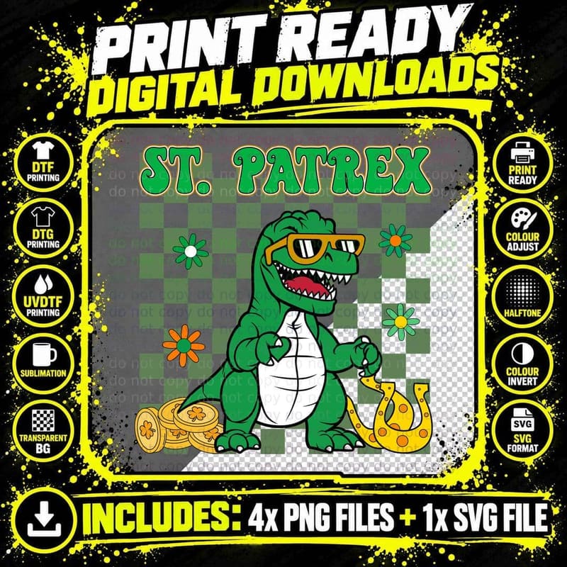 St. Patrex T-Rex Dinosaur T-Shirt, St Patrick's Day Dino Png SVG Digital Bundle