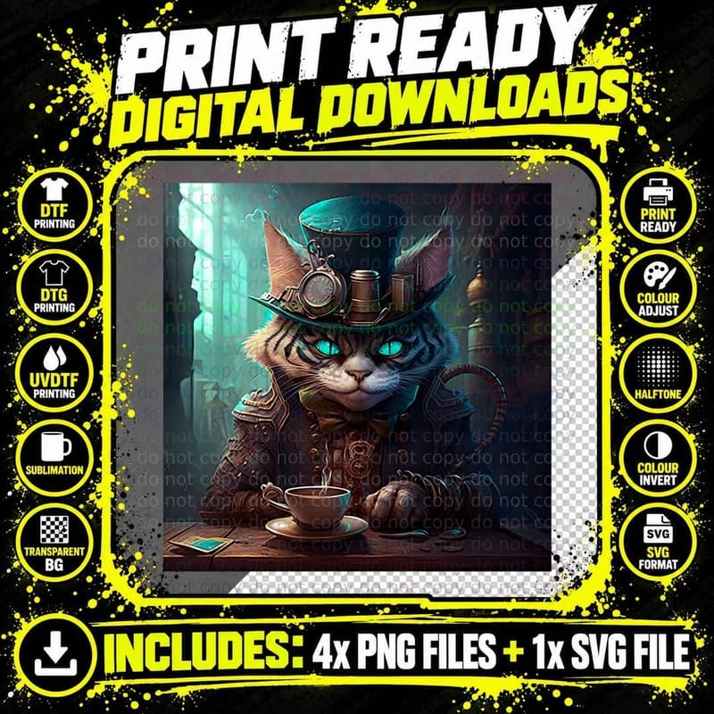 Steampunk Cheshire Cat & Coffee Retro Alice in Png SVG Digital Bundle