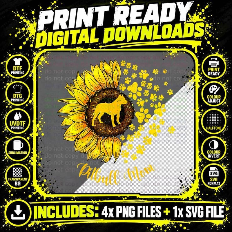 Sunflower Pitbull Mom, Paw Print Sunflower Petals Png SVG Digital Bundle