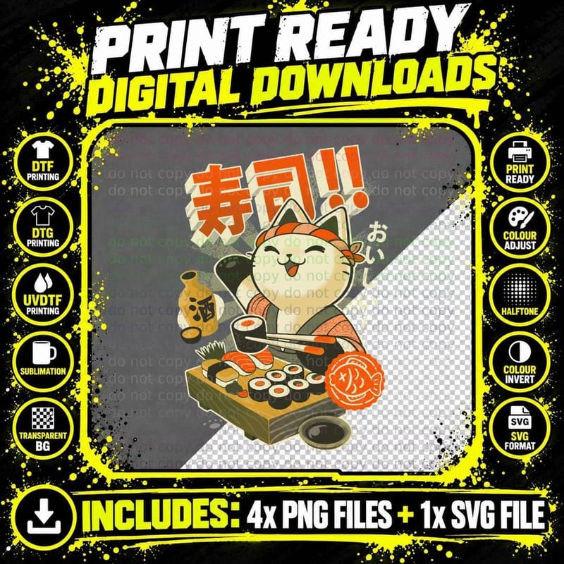 Sushi Chef Cat - Funny Restaurant Kitty - Japanese Food Png SVG Digital Bundle