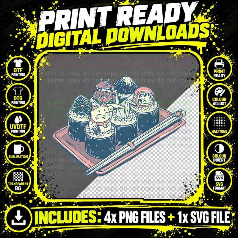 Sushi Roll T-Shirt, Japanese Lucky Cat Daruma Pagoda Art Png SVG Digital Bundle